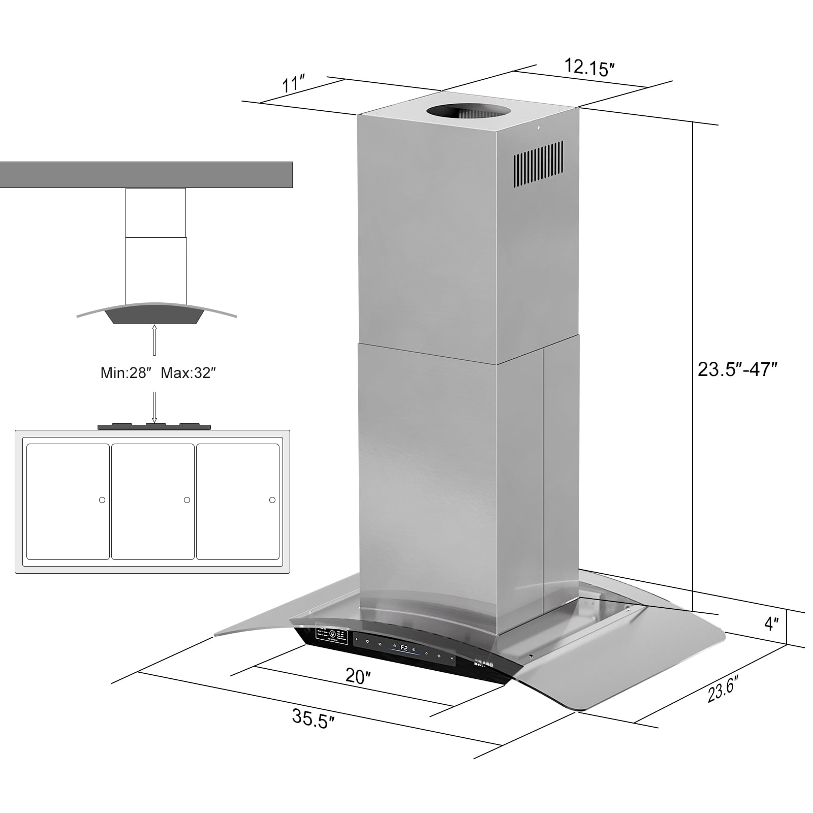 ​ BRANO 36inch Island Range Hood  in Stainless Steel, 900 CFM, Voice/Gesture/Touch Control