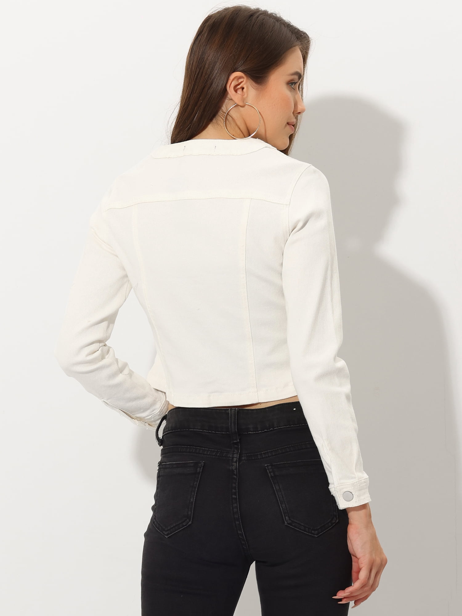 DARING DIVA Women's Collarless Button Down Long Sleeve Denim Jacket XL White