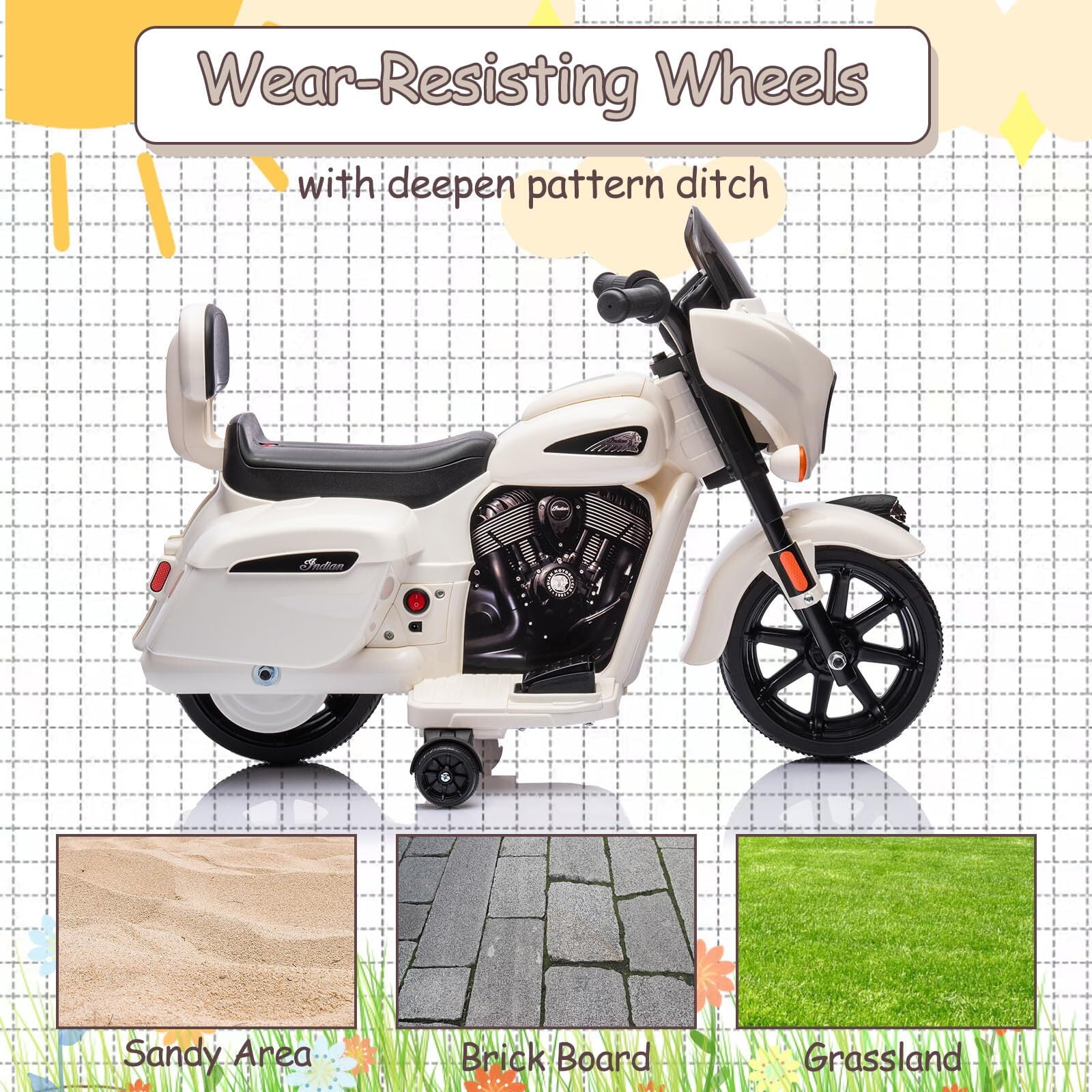 Kids Ride On Motorcycle, Licensed Indian 6V Ride on Toy Electric Motorcycle with USB, AUX，Music and Headlight for Toddler Boys and Girls