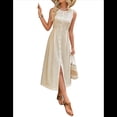 thumbnail image 2 of Vestido Bohemio de Mujer con Cuello Redondo, Color Liso, Sin Mangas y Botones. Beige XL, 2 of 10