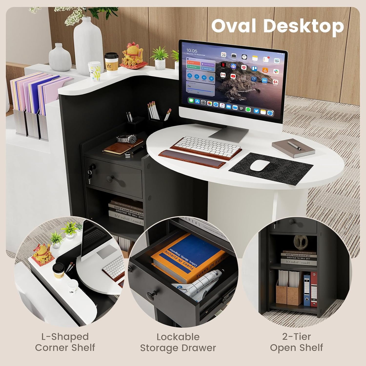 Reception Desk, Small Retail Checkout Counter with Lockable Drawer and Open Shelves, Wooden Front Desk Reception Counter, Oval Desktop & L Counter for Store Office Lobby Salon (White & Black)