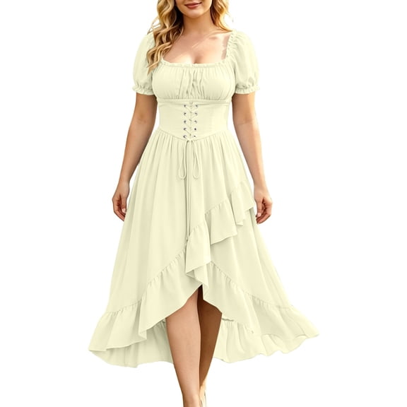 KICILVS Women Halloween Costume Square Neck Puff Sleeve Cut Lace up High Low Hem Dress Renaissance Victorian Cosplay Dress