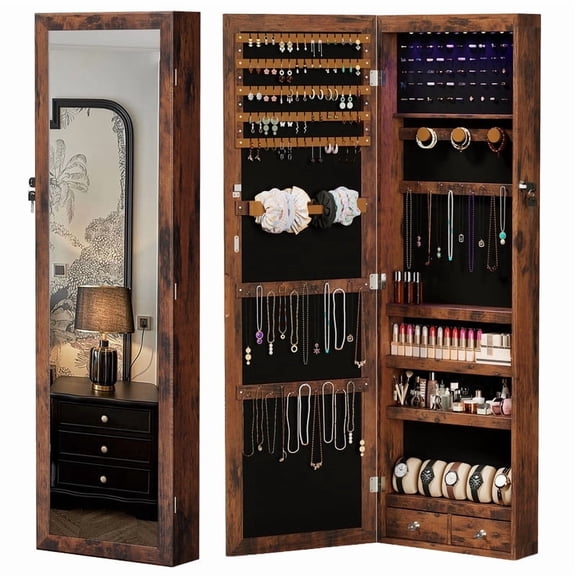 Simenmax 6 LED Mirror Jewelry Cabinet, 47.2" Lockable Wall/Door Mount Jewelry Armoire, Large Storage Organizer with Full-Length Mirror, 2 Drawers & Shelves (Brown)