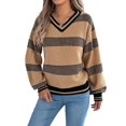 thumbnail image 2 of Womens Oversized Striped Tunic Sweaters Casual V Neck Long Sleeve Color Block Knit Pullover Jumper Tops Khaki L, 2 of 9