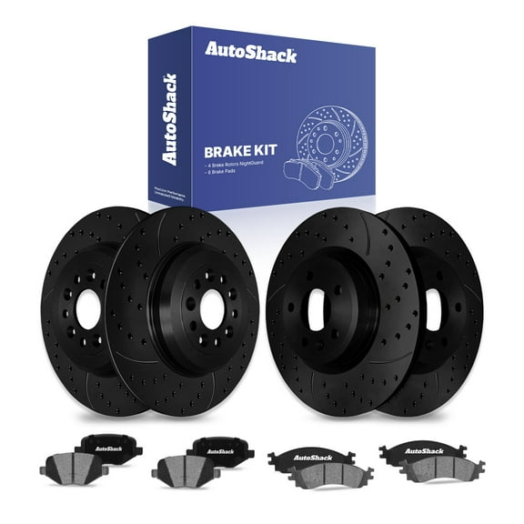 AutoShack Front Vented & Rear Solid Drilled & Slotted E-Coated Brake Rotors Black Finish   Ceramic Pads 12-PC Brake Kit Replacement for 2010-2012 Ford Taurus NightGuard