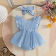 thumbnail image 3 of Baby Girls' Fly Sleeve Bodysuit Dress Blue Romper Dress Headband Toddler Summer Clothes Set 6-12 Months, 3 of 4