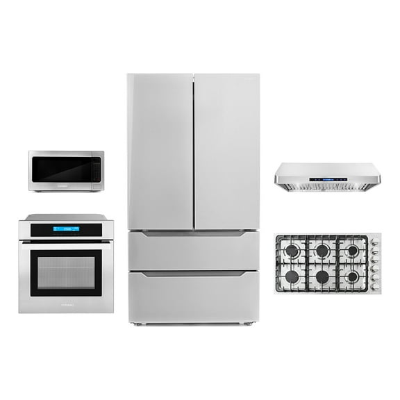 Cosmo 5 Piece Kitchen Package With 36" Gas Cooktop 30" Single Electric Wall Oven 24.4" Countertop Microwave French Door Refrigerator & 24" Built-in Fully Integrated Dishwasher