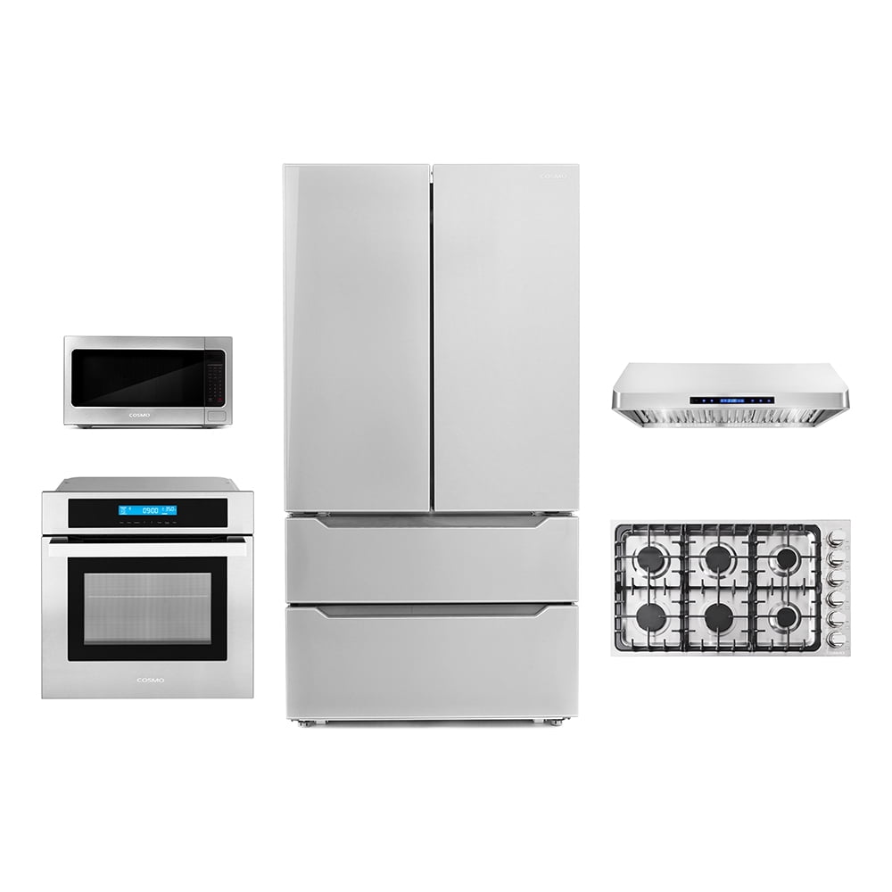 Cosmo 5 Piece Kitchen Package With 36" Gas Cooktop 30" Single Electric Wall Oven 24.4" Countertop Microwave French Door Refrigerator & 24" Built-in Fully Integrated Dishwasher