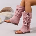 thumbnail image 4 of Womens Fringe Lace up Knee High Boots Flat Gladiator Caged Low Heeled Tassel Sandals Party Prom Flip Flops Pink Size 7, 4 of 7