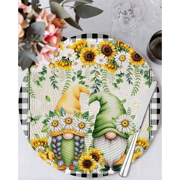 13 Inch Round Placemats Set of 6, Sunflower Gnomes Non Slip Heat Insulation PP Table Mats, Spring Farmhouse Vintage Daisy Leaf Plaid Washable Place Mats for Kitchen Dining Party Table Decor