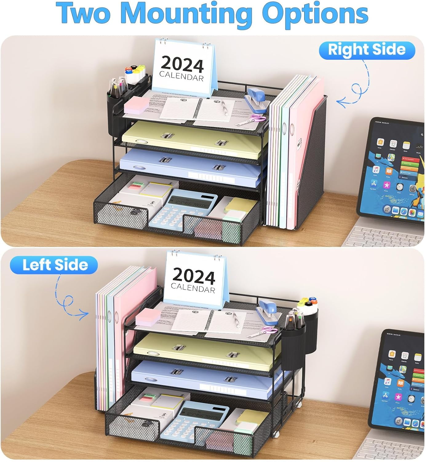 Desk Organizer and Accessories, 4-Tier Desktop File Organizer with Drawer and 2 Pen Holders, Office Desk Accessories, Workspace Organizers for Office Supplies(Black)