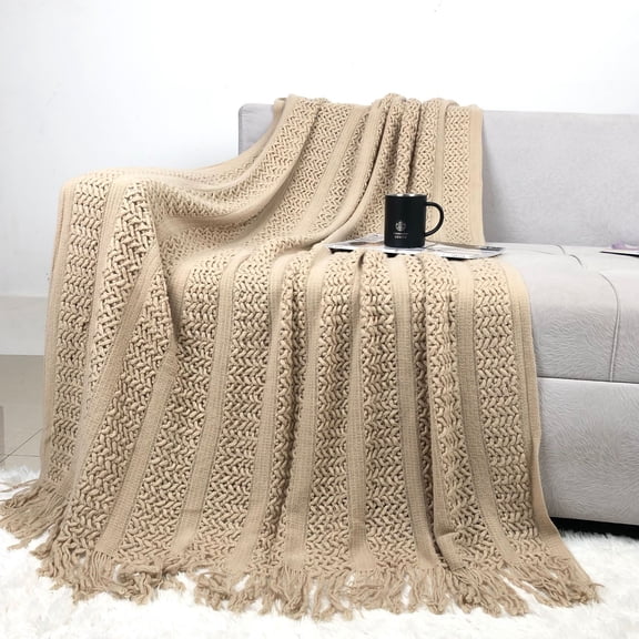 Cable Knit Throw Blanket with Tassels 50x71 Inch Soft Lightweight Acrylic Decorative Couch Blanket for Sofa Bed Living Room Home Decor