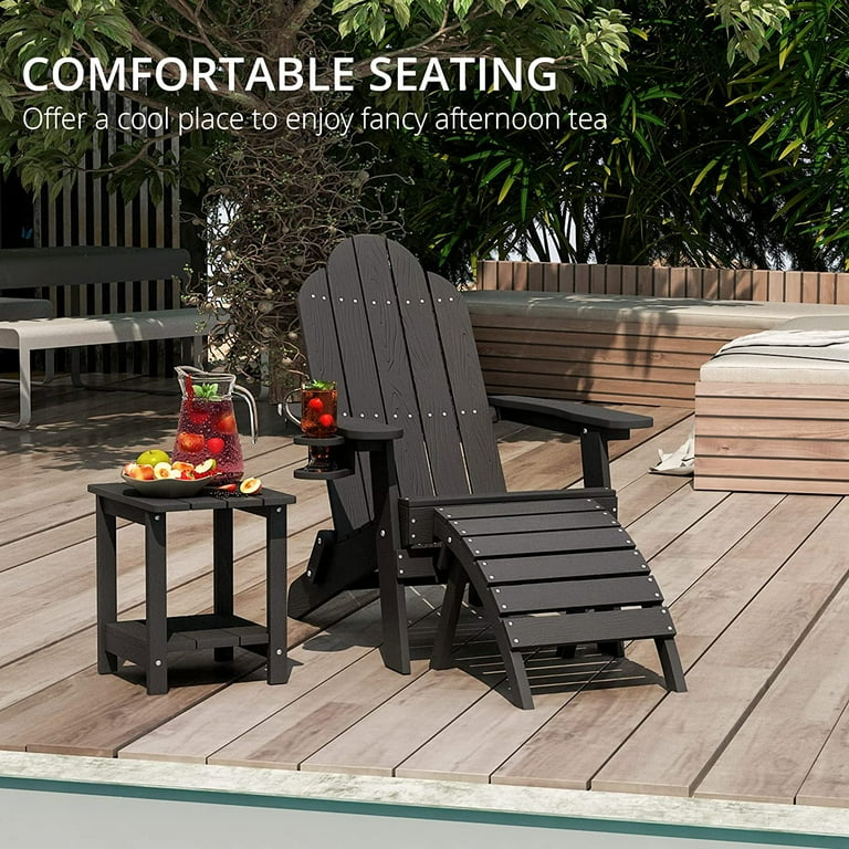 LUE BONA Folding Adirondack Chair Set of 6 Black Poly Fire Pit Adirondack Chairs Weather Resistant Modern Plastic Adirondack Patio Chairs with Cup