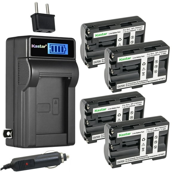 Kastar 4-Pack NP-FM500 Battery and LCD AC Charger Compatible with Sony DSLR-A200, α200, Alpha A200, DSLR-A200, DSLR-A200K, DSLR-A200W, DSLR-A200WB, DSLR-A300, α300, Alpha A300, DSLR-A300K Cameras
