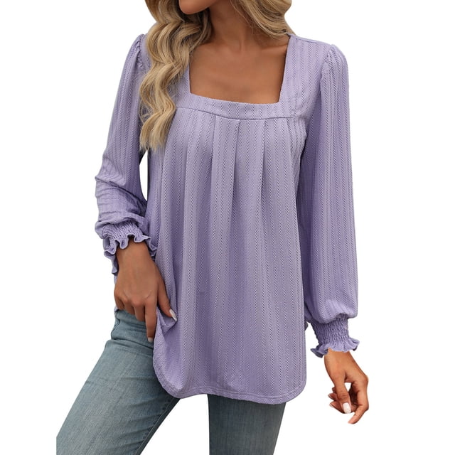 Swstbby Liquidation d'Économies d'Automne! Hauts d'Automne pour Femmes Grande Taille, T-shirt à Manches Longues Décontracté Ample Uni pour Femme Haut Violet P