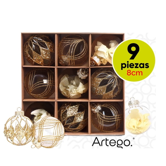Esferas para árbol de navidad Artego de 8 cm de diámetro paq 9 esferas de plástico Dorado Rubi * Línea Handmade acabado crystal pintadas a mano 3 estilos, para colgar Christmas ornaments
