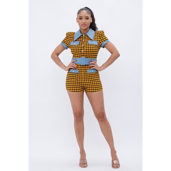 Plaid Print Denim Romper