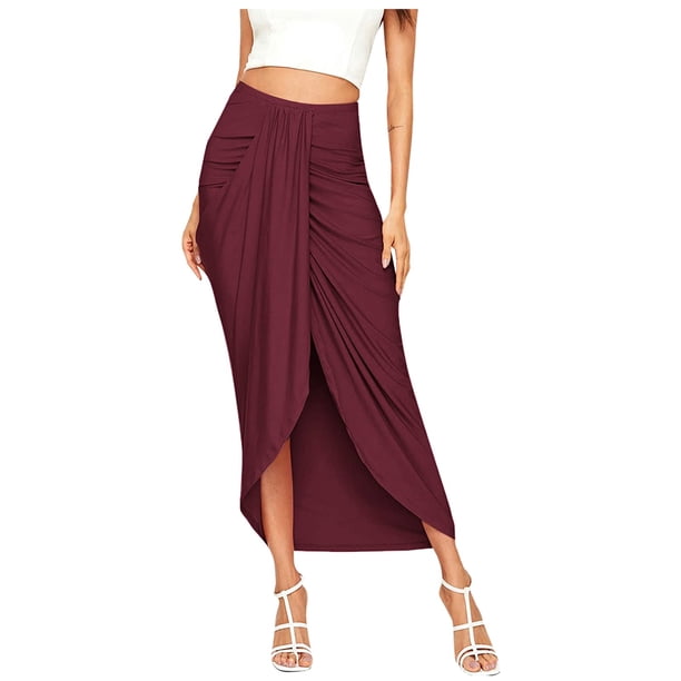 Gibobby mini faldas de mujer Maxi drapeado Casual Slit Falda Elástica Alta asimétrica Sólido Falda de cintura para mujer(Vino, S)