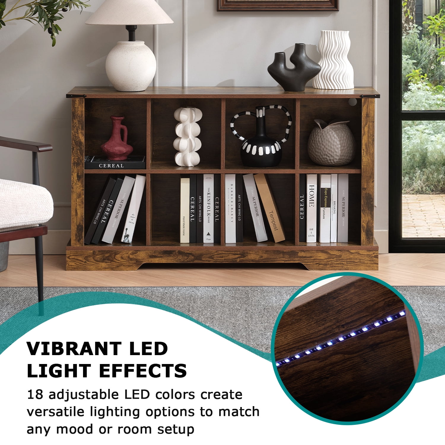8-Cube LED Bookshelf - Mid-Century Modern Wood Storage Shelf for Bedroom, Living Room & Office, Brown