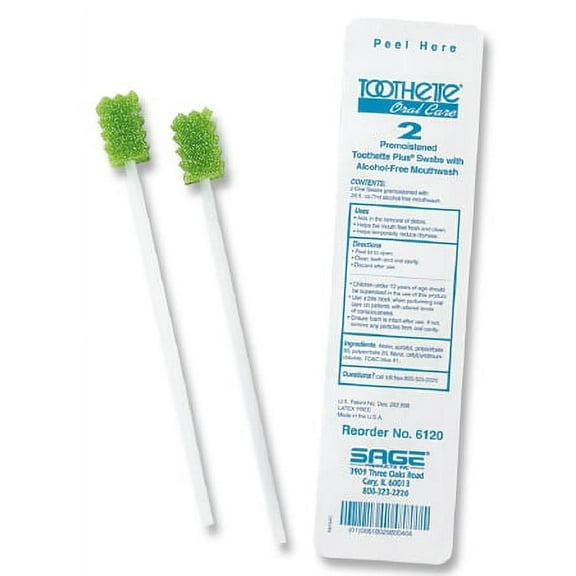 Toothette Plus Swab with Alcohol-free Mouthwash  Foam Tip, Untreated, Pack of 2, 5 Pack (10 Total)