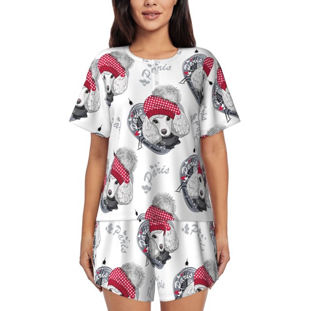 Balery Cute Poodle Dog Conjunto de Pijama para Mujer con Estampado, Dos Piezas de Manga Corta y Shorts, Ropa de Dormir Suave con Cuello Redondo y Bolsillos-Medium