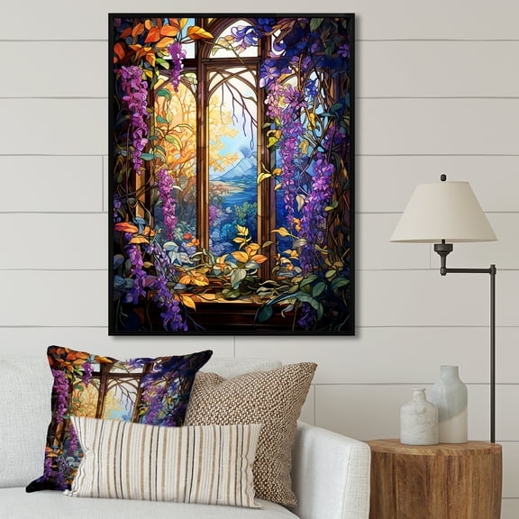 Designart "Purple and Yellow Flower Window Garden I" Floral Framed Wall Art - Traditional Purple Window Bedroom Framed Canvas Wall Art