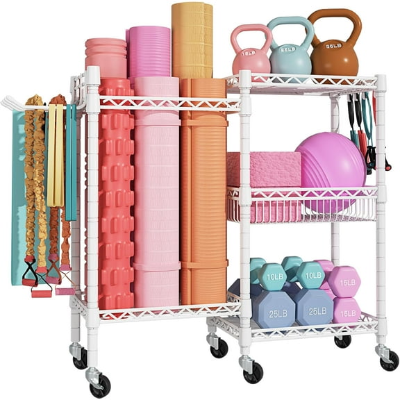 Home Gym Storage, 3 Tiers Workout Equipment Organizer with Wheels for Yoga Mats, Foam Roller, Dumbbells, Kettlebells, and Resistance Bands