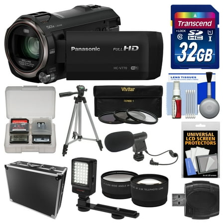 Panasonic HC-V770 Wireless Smartphone Twin Wi-Fi HD Video Camera Camcorder + 32GB Card + Case + LED Light + Microphone + Tripod + Tele/Wide Lens Kit