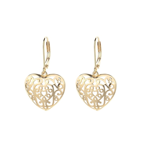 Filigree Heart Earrings, 14K Yellow Gold Plated