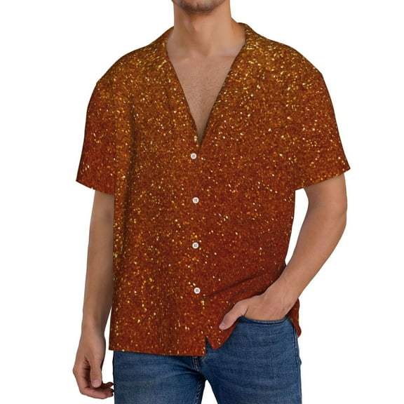 Hirioo Orange Glitter for Men's Cuban Collar Short Sleeve Shirt Button Down Shirt Beach Summer Shirts Wedding Vacation Shirts-Medium