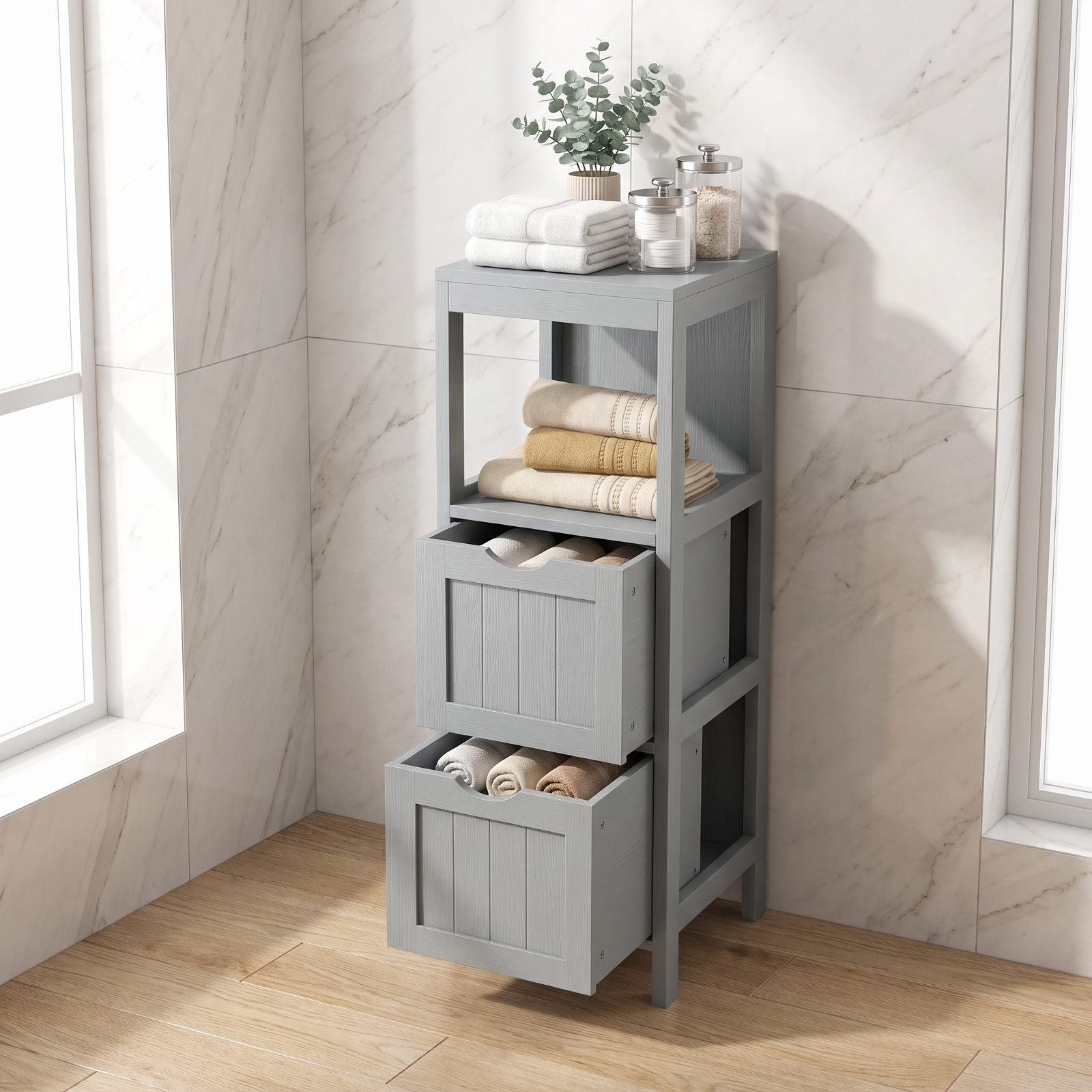 Vebreda Freestanding Bathroom Storage Cabinet, Freestanding Storage Cabinet with 2 Removable Drawers for Bathroom, Extra Anti-Toppling Mechanism