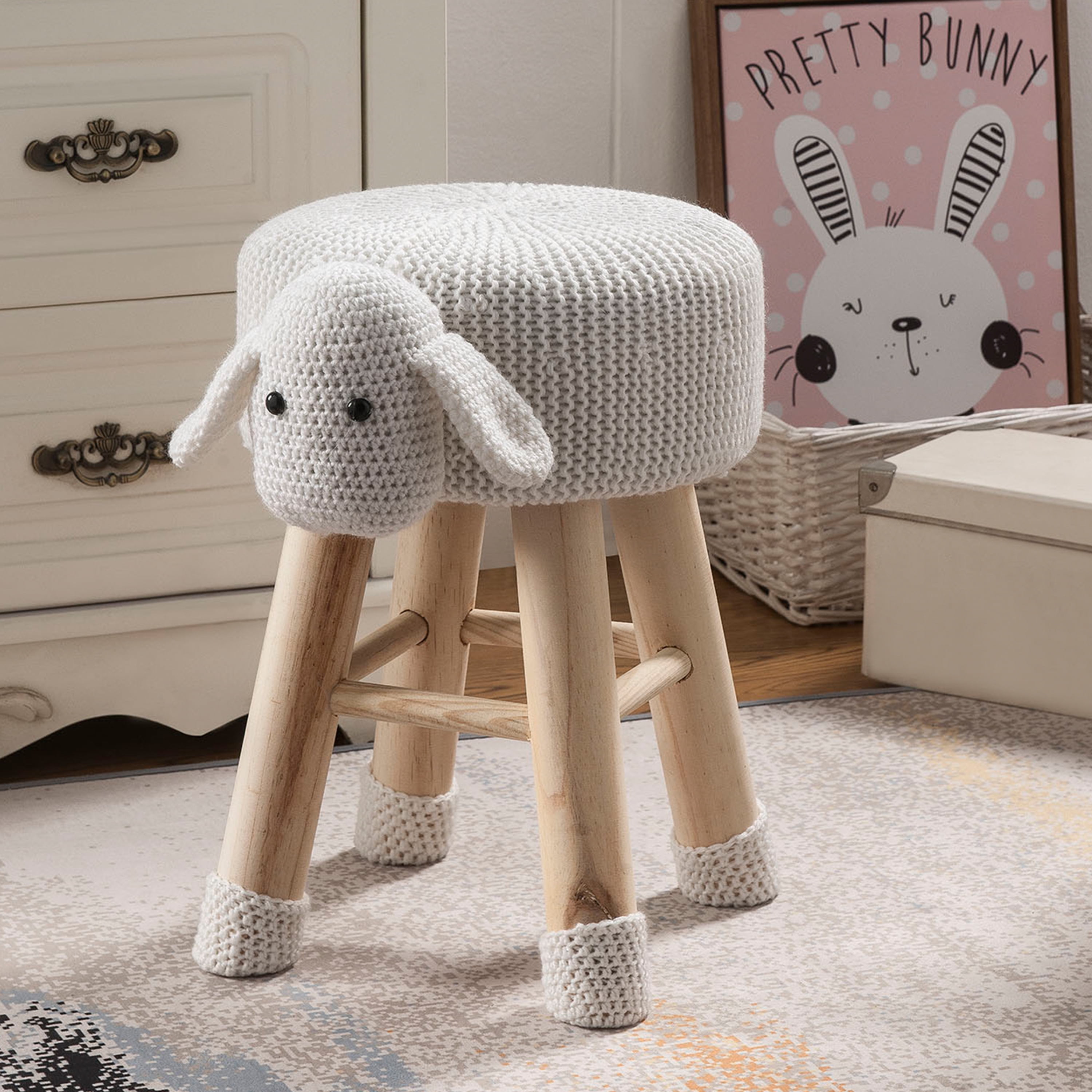 Kids Animal Footstool Cushion Padded Seat Rest Foot Stool Wooden Round Chair 