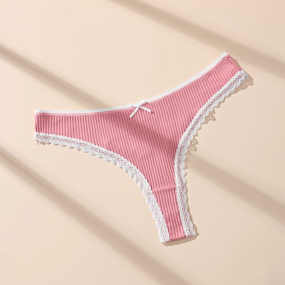 SYMOID Ribbed Thong Underwear for Women with Lace Trim and Bow, Stretch No Show Panties for Casual Everyday Wear, Jeans, Skirts and Dresses,Size L