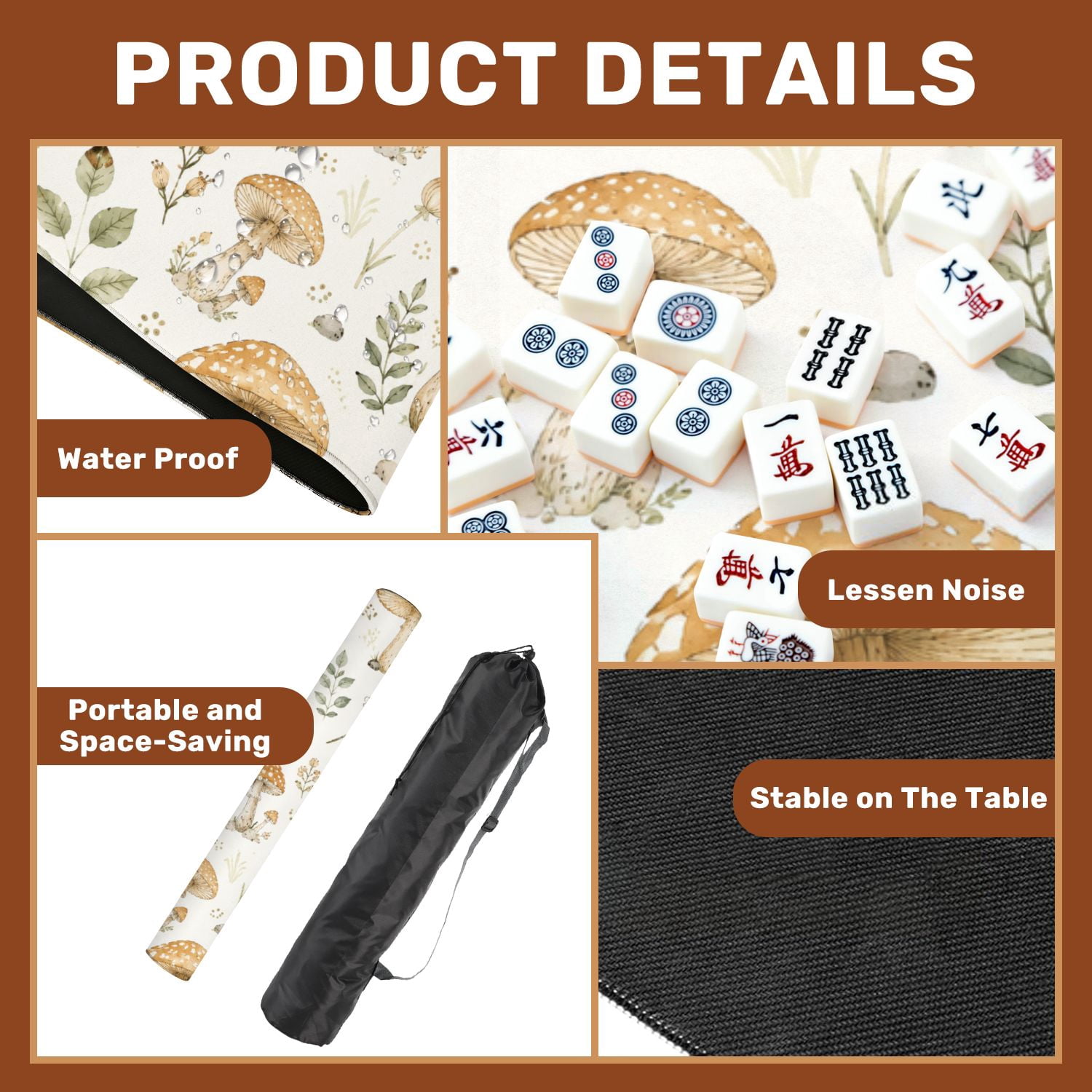 Mahjong Mat 31.5" x 31.5" Whimsical Mushroom Botanical Earthy Tones Non-Slip Noise Reduction American Mahjong Tiles Table Cover for Dominoes Poker Card Board Games Gift