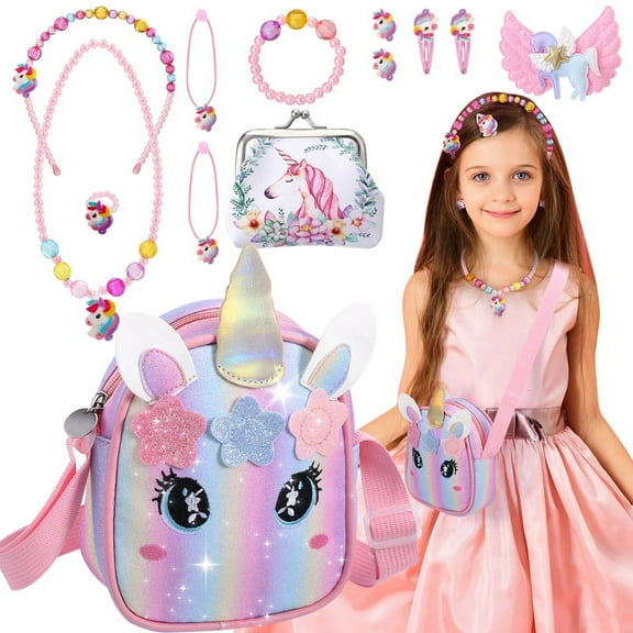 sixwipe 13Pcs Little Girl Unicorn Purse Set, Cute Kids Purse Crossbody Bags with Kids Dress Up Jewelry Set Pretend Play Accessories, Birthday Presents Unicorn Gifts Toy for Girl, Toddler