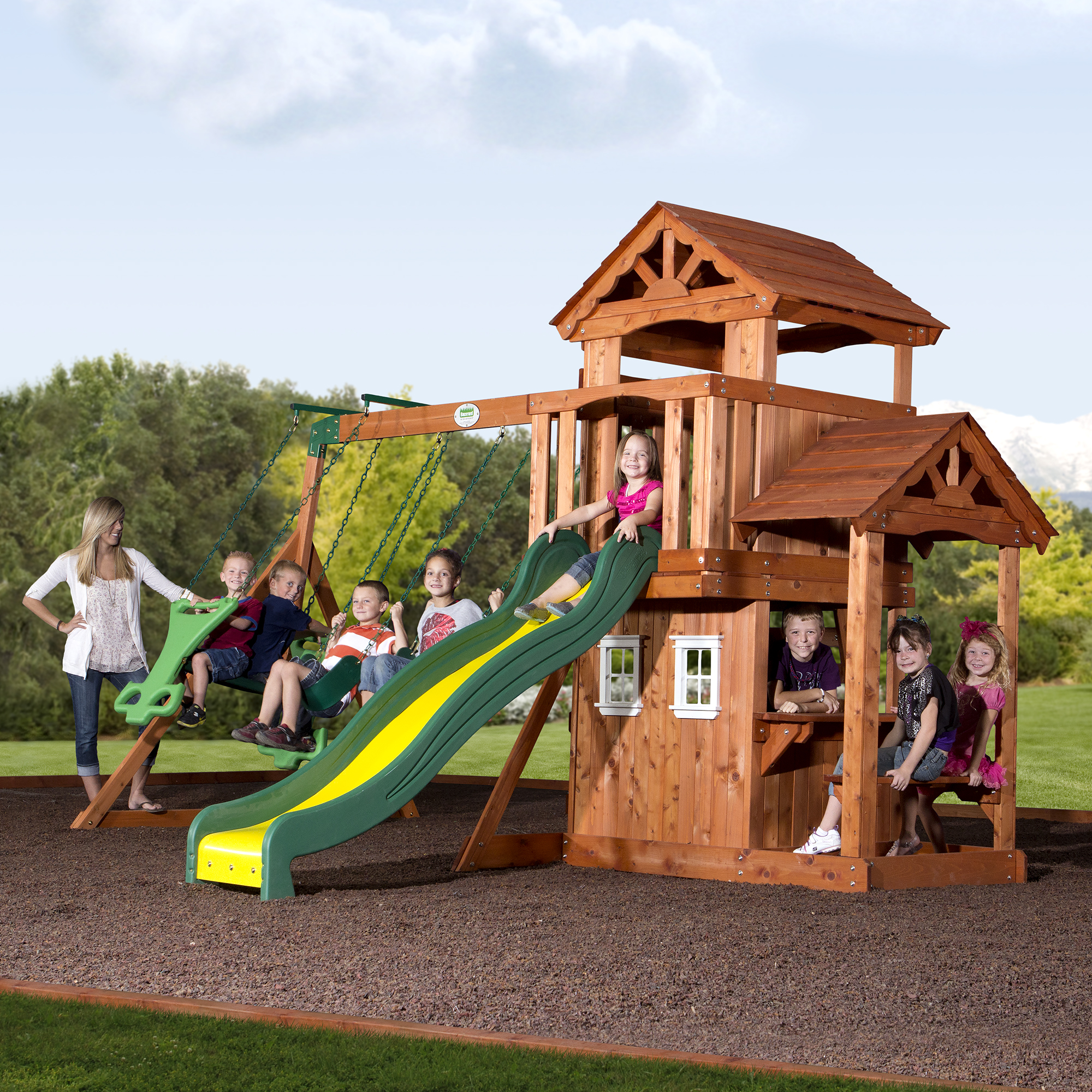 Backyard Discovery Tanglewood Cedar Wood Swing Set with Built-in Bench, Wood Roof Overhead