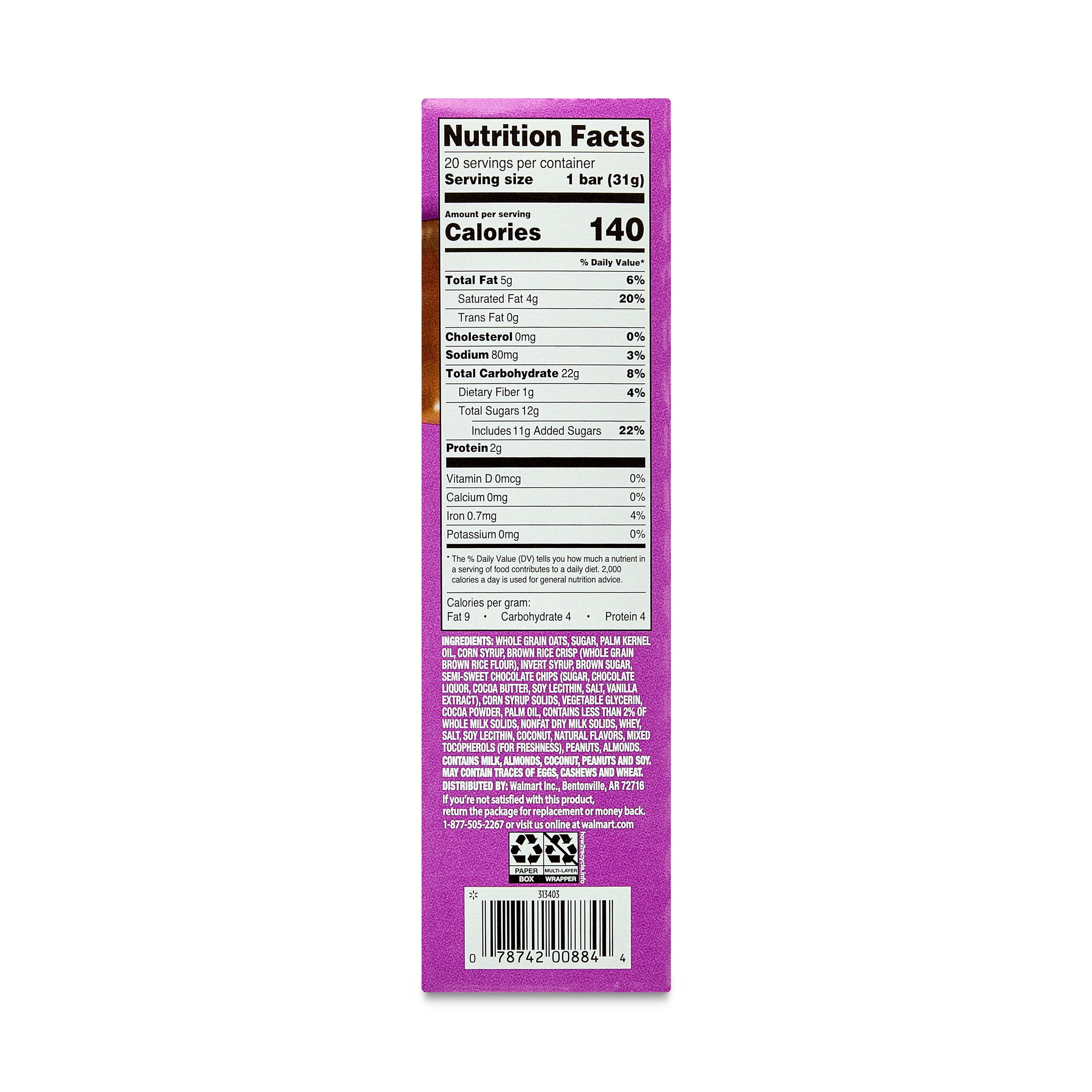 Great Value Chocolate Chip Dipped Chewy Granola Bars, 1.1 oz Paper Box, 20 Count