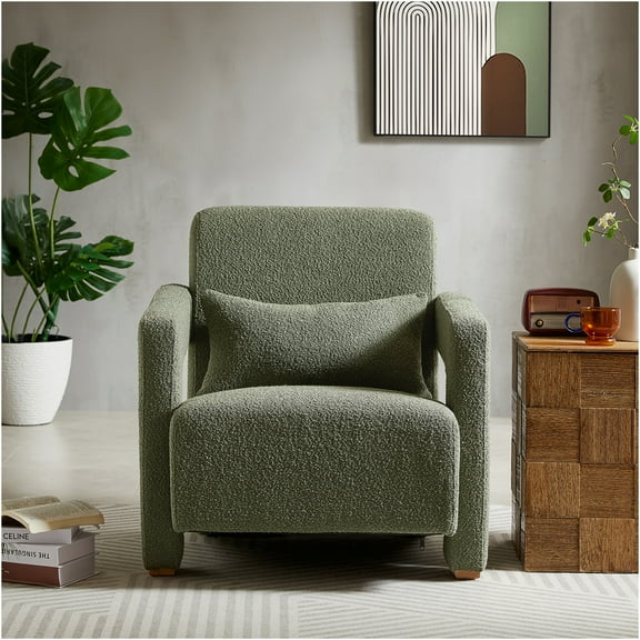 JERFIT Modern Boucle Fabric Accent Chair with Lumbar Support, Square Arms and Wooden Legs for Living Room, Bedroom, Study Green Upholstered Chair