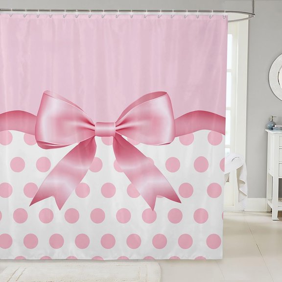 Pink Bow Shower Curtain Polka Dot Waterproof Fabric Bath Curtain for Bathroom 71x71 inches