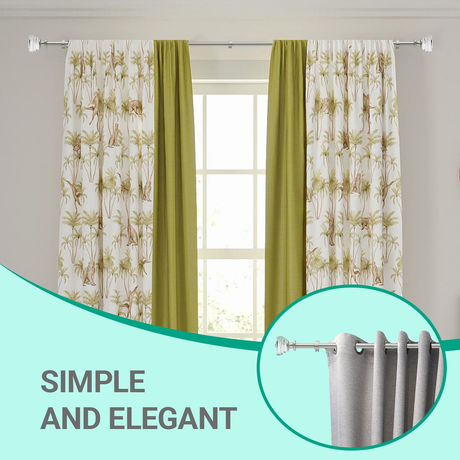 Curtain Rods 30-55" Champagne Adjustable drapery rod with 60mm clear square finials and 3 piece wall brackets.