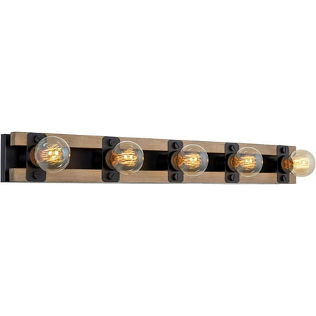 

RUIHONGQING Hogan 36 5-Light Farmhouse Vanity/Bathroom Light Bar Racetrack Bath Vanity Open Design Black + Smoked Birch Style Wood Finish