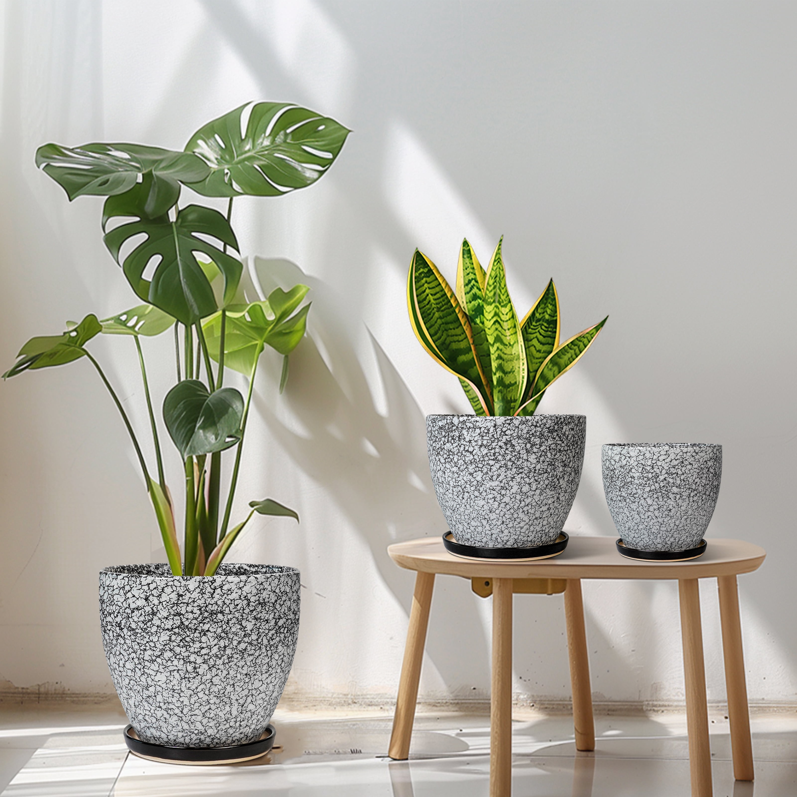 EPFamily 6 8 10 inch Black Ceramic Planter Pots Set of 3 with Drainage Holes and Saucers – Wood Crackle Finish for Indoor Plants, ZZ Plant, Snake Plant, Succulents