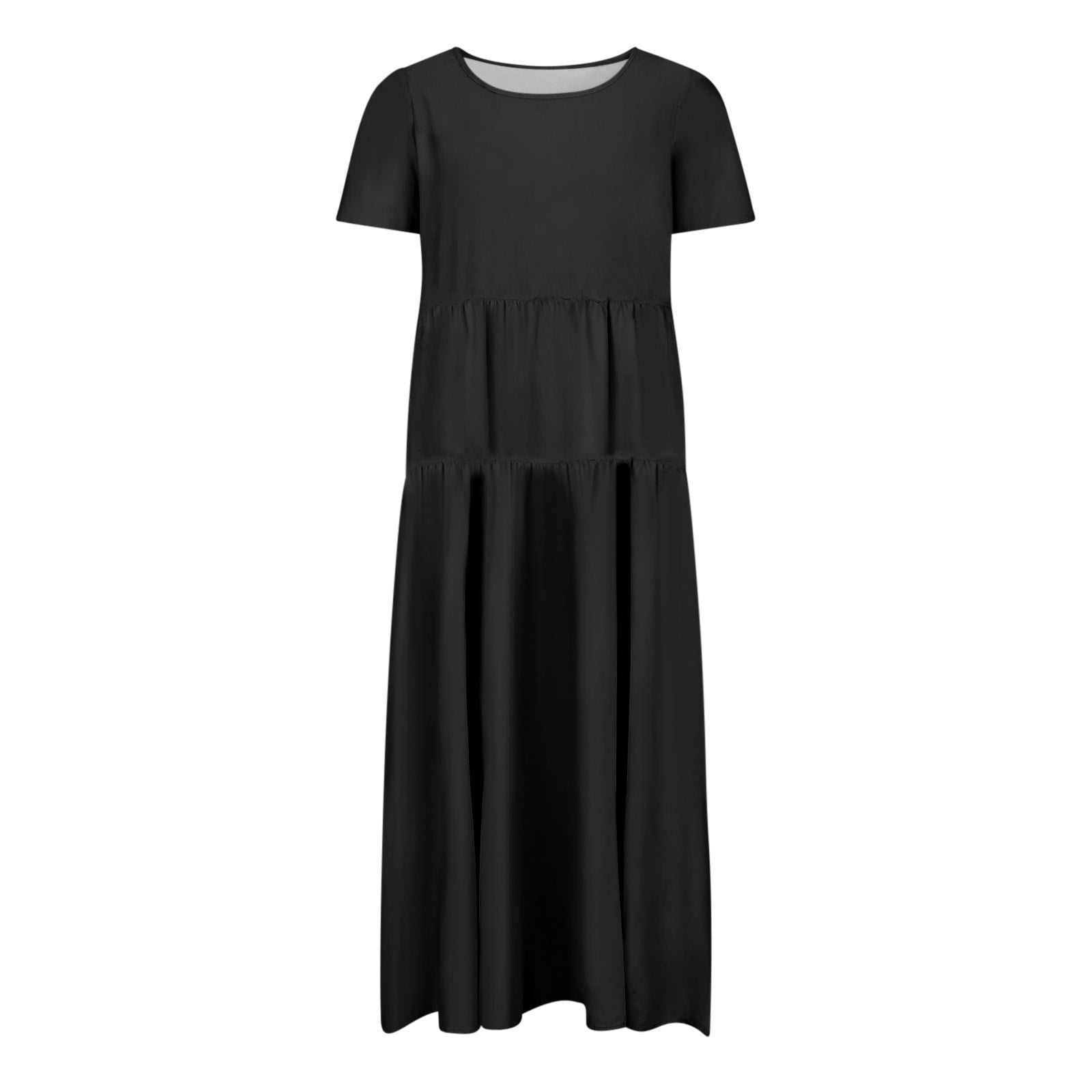 Hueook Casual Dresses for Women Women's Flower Solid Color Casual Short Sleeve Crewneck Dress Casual Flowy Tiered Maxi Beach Dress Black 2X