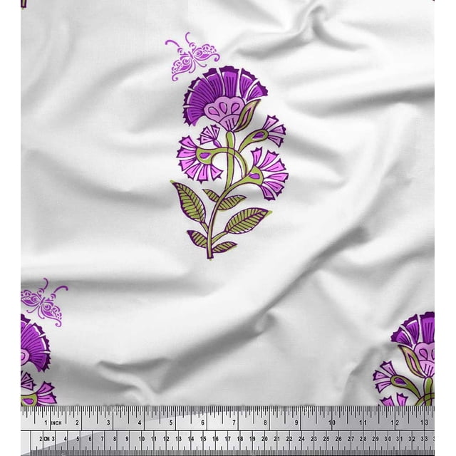 Soimoi Purple Polyester Crepe Fabric Insect,Leaves & Floral Block Print Fabric by The Yard 42 Inch Wide