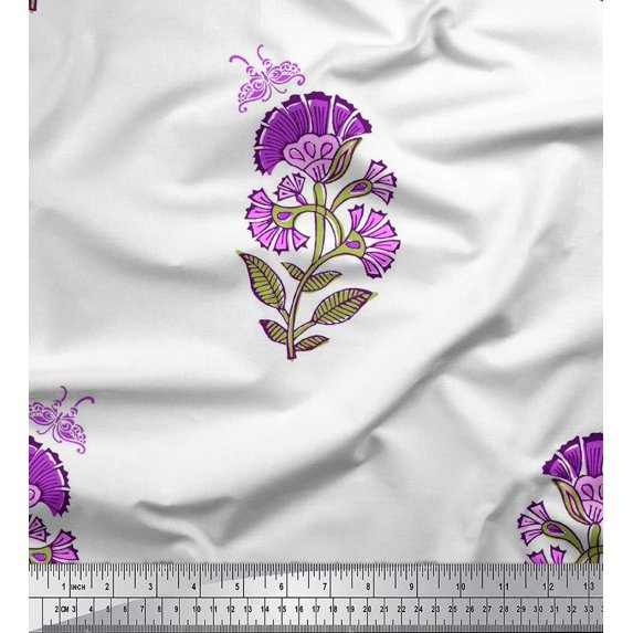 Soimoi Purple Cotton Voile Fabric Insect,Leaves & Floral Block Print Sewing Fabric BTY 56 Inch Wide