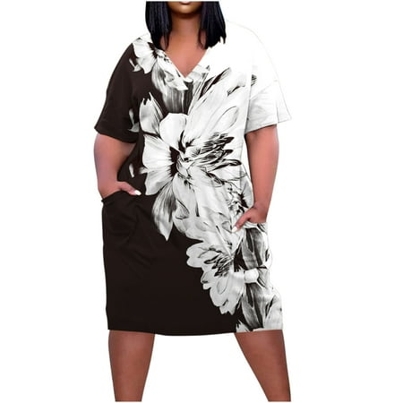 

YanHoo Women s Plus Size Dresses Sexy V Neck Short Sleeve Shift Dress Loose Summer Casual Midi Dress with Pockets