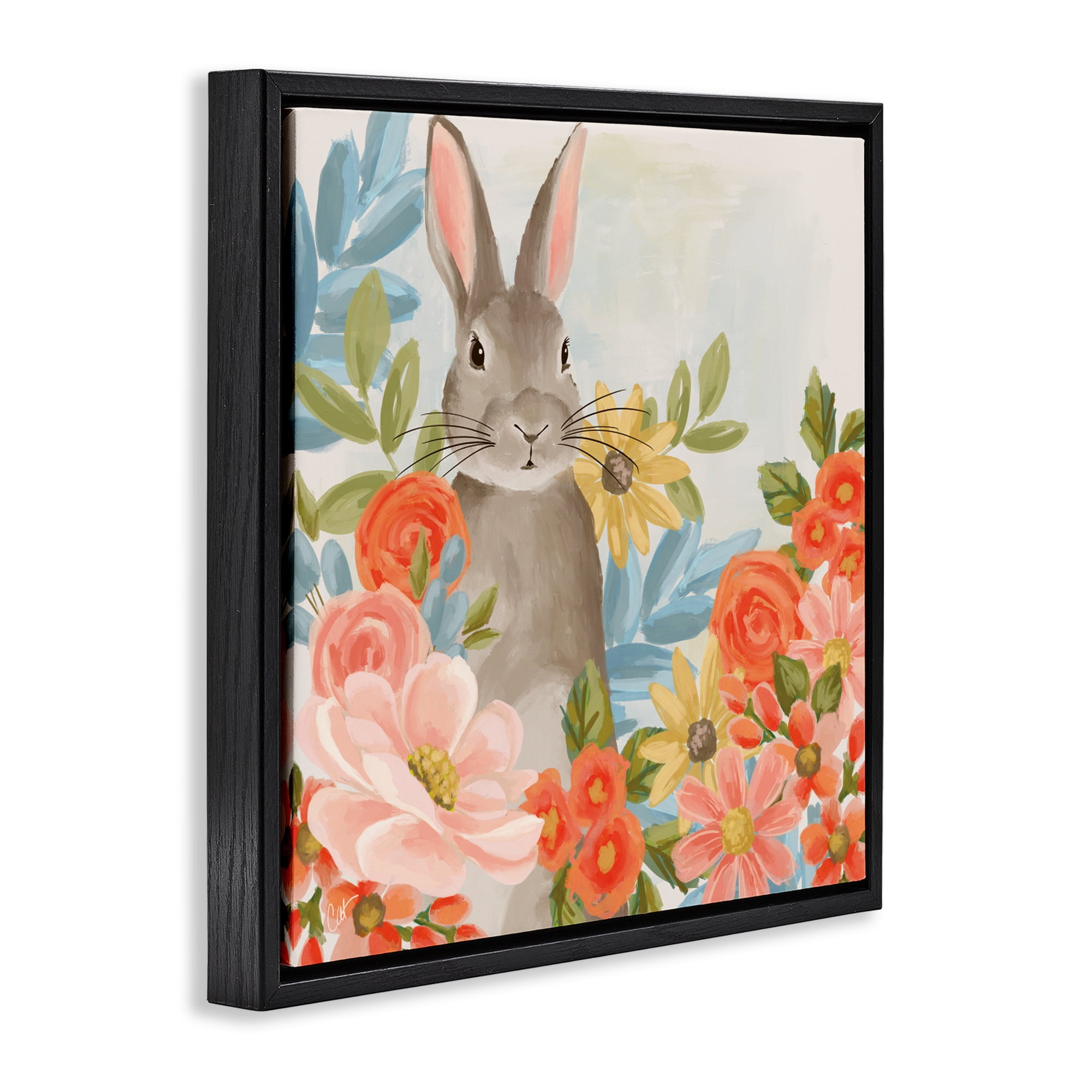 Stupell Industries Bunny Among The Blooms Black Framed Floater Canvas Wall Art, design by Cat Thurman Designs
