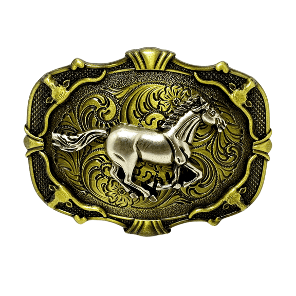 Galloping Mustang Western Belt Buckle  – 3.5" x 2.5" Bronze and Silver Finish Cowboy-Style Buckle