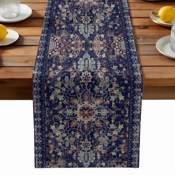 Navy Blue Boho Cotton Linen Table Runner for Dining Kitchen, Abstract Art Ethnic Vintage Geometric Wedding Outdoor Party Tablerunners Decoration, Dresser Scarf Coffee Tablecloth Runners 13x70 Inches
