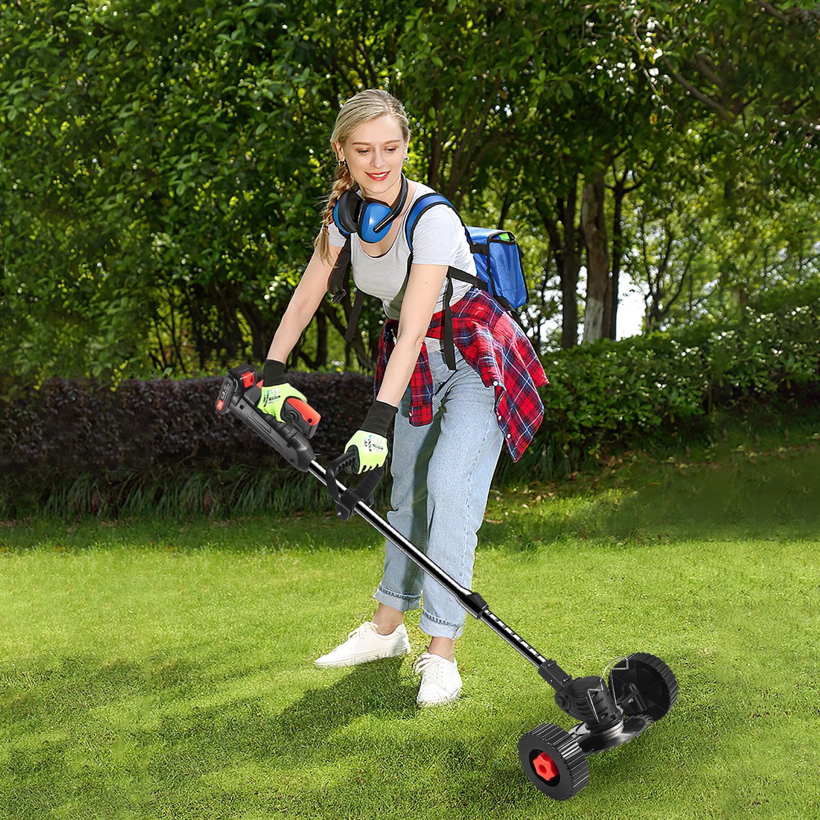 Paddsun Electric Weed Wacker, Battery Powered Cordless String Trimmer Edger with Wheels,Electric Weed Eater Cutter Lawn Mower Edger Tool,Adjustable Handle,3 Function Blades Cutter for Yard and Garden